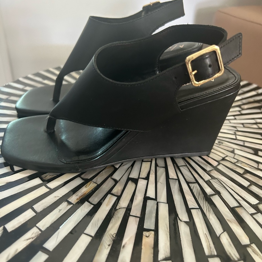 Anthropologie Black Wedge Sandals with Gold Buckle

*NEW*